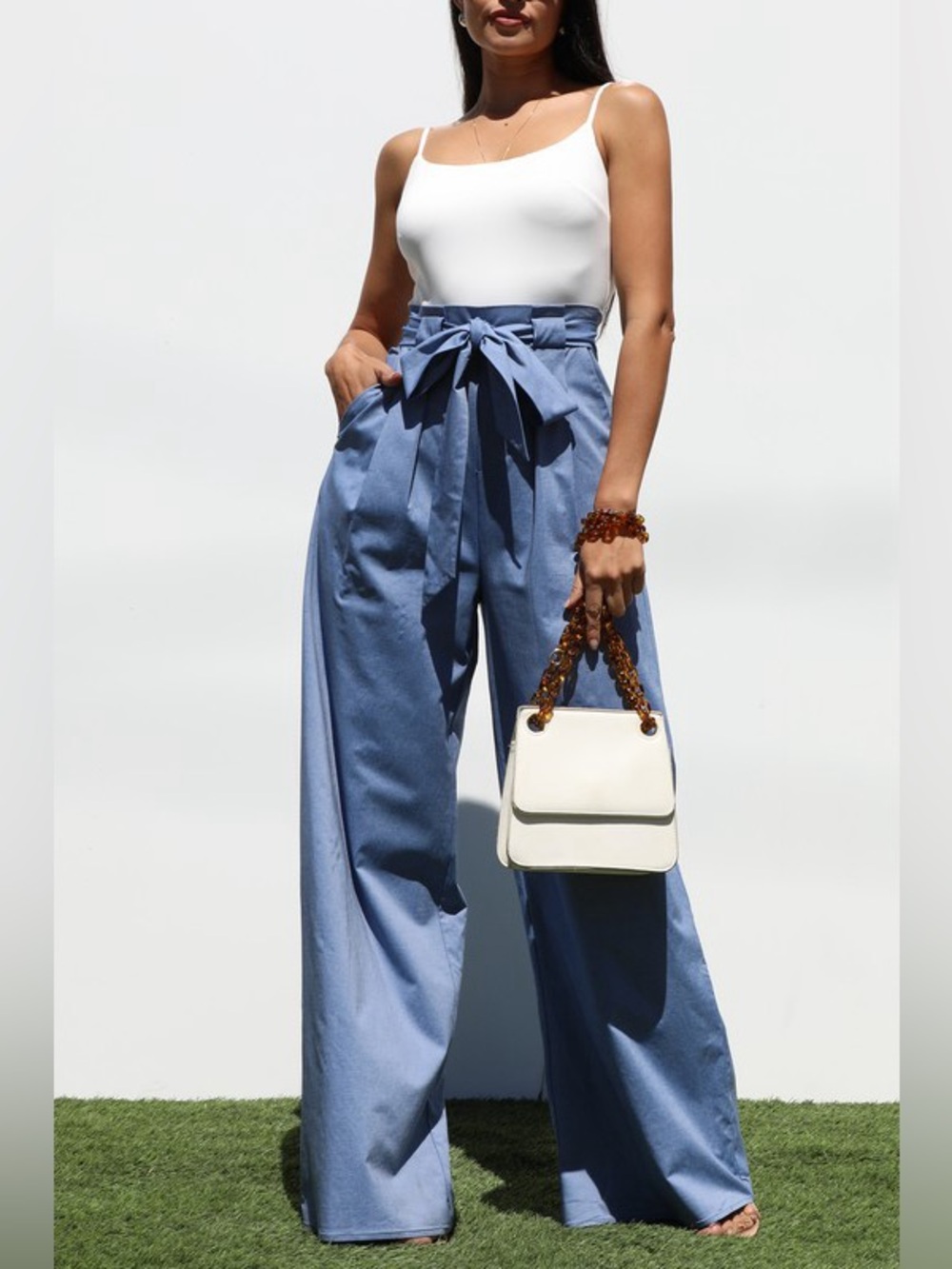 Chic Denim Blue Wide Leg Jumpsuit | Belted High Waist Statement Piece